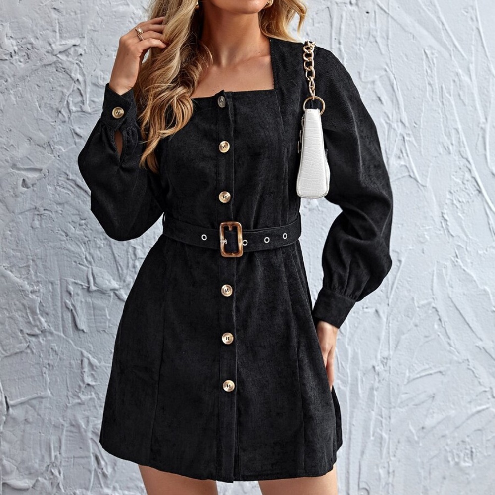 Square Neck Corduroy long sleeve mini dress - BLAC